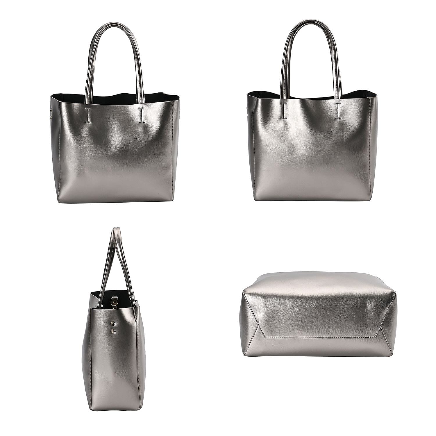 Hong Kong Closeout Genuine Leather 2- in-1 Tote Bag with Detachable Zipped Lining - Metallic Silver