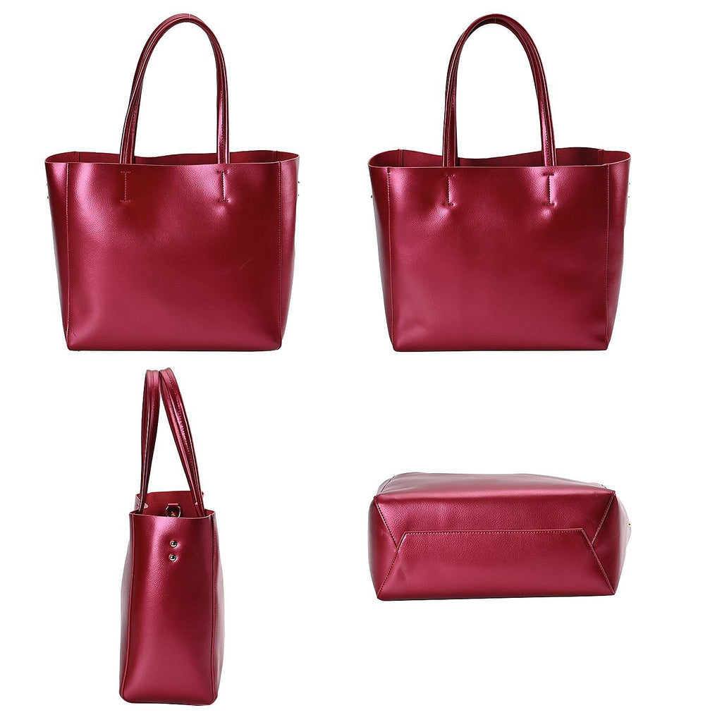 Hong Kong Closeout Genuine Leather Tote Bag with Detachable Zipped Lining - Metallic Red