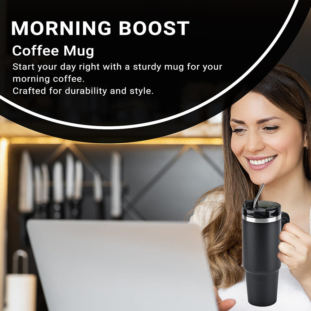 Hot or Cold Insulated Mug with Lid and Stainless Steel Straw - Black