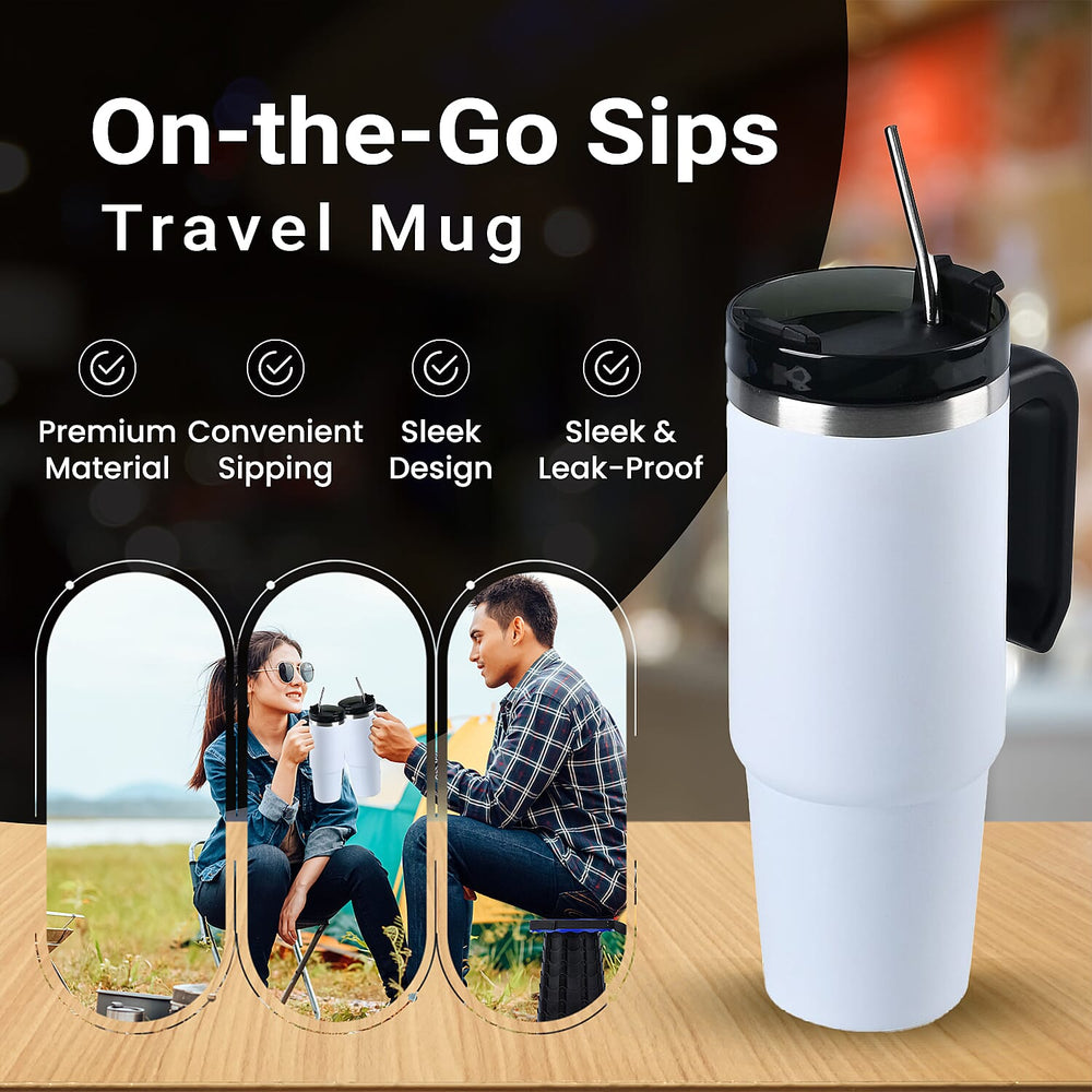 Hot or Cold Insulated Mug with Lid and Stainless Steel Straw - White