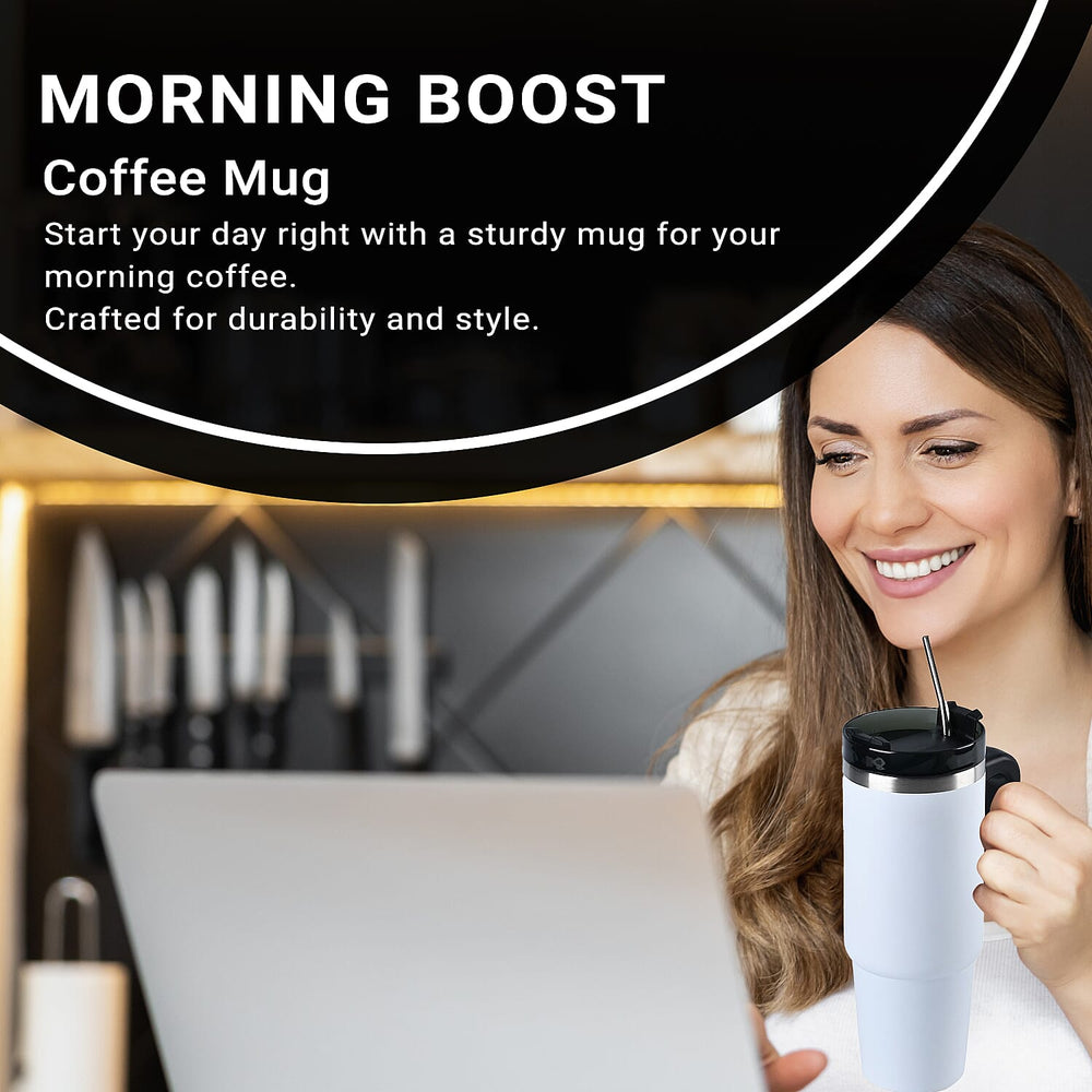 Hot or Cold Insulated Mug with Lid and Stainless Steel Straw - White