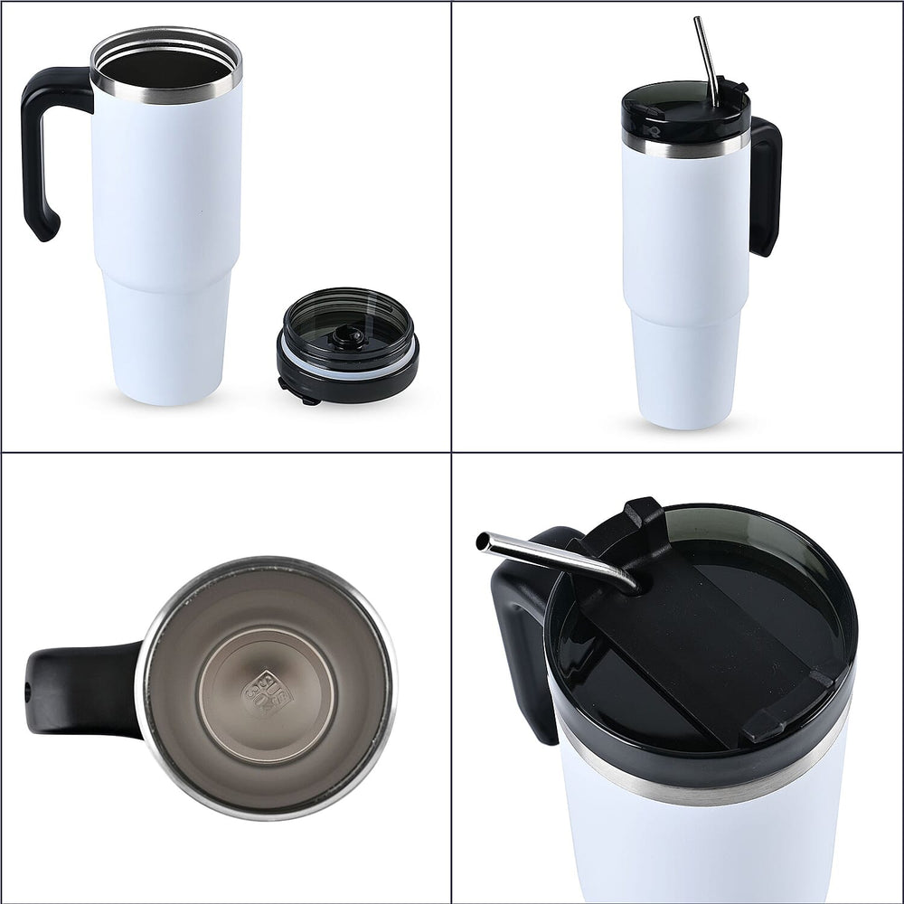 Hot or Cold Insulated Mug with Lid and Stainless Steel Straw - White