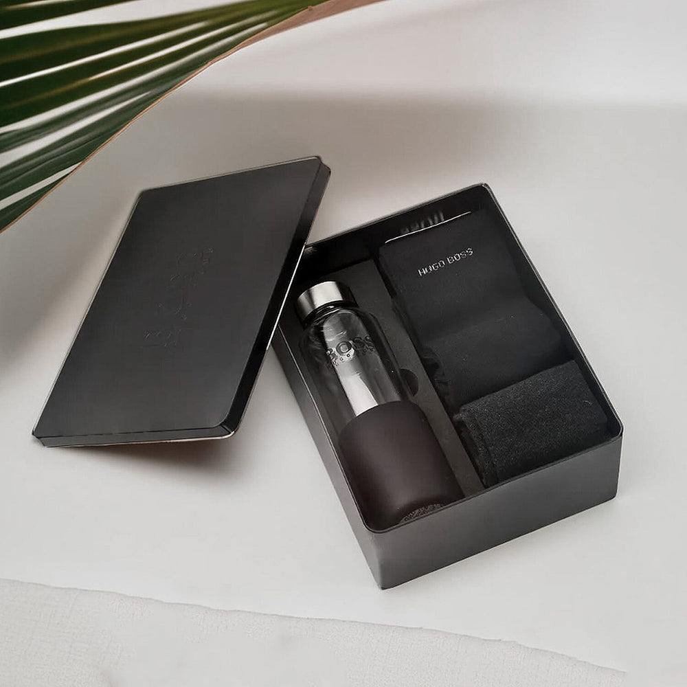 ONE TIME CLOSEOUT  - Premium Hugo Boss Crew Socks- Gift Set includes a Glass Bottle and 2 Pairs of high-quality Designer Socks