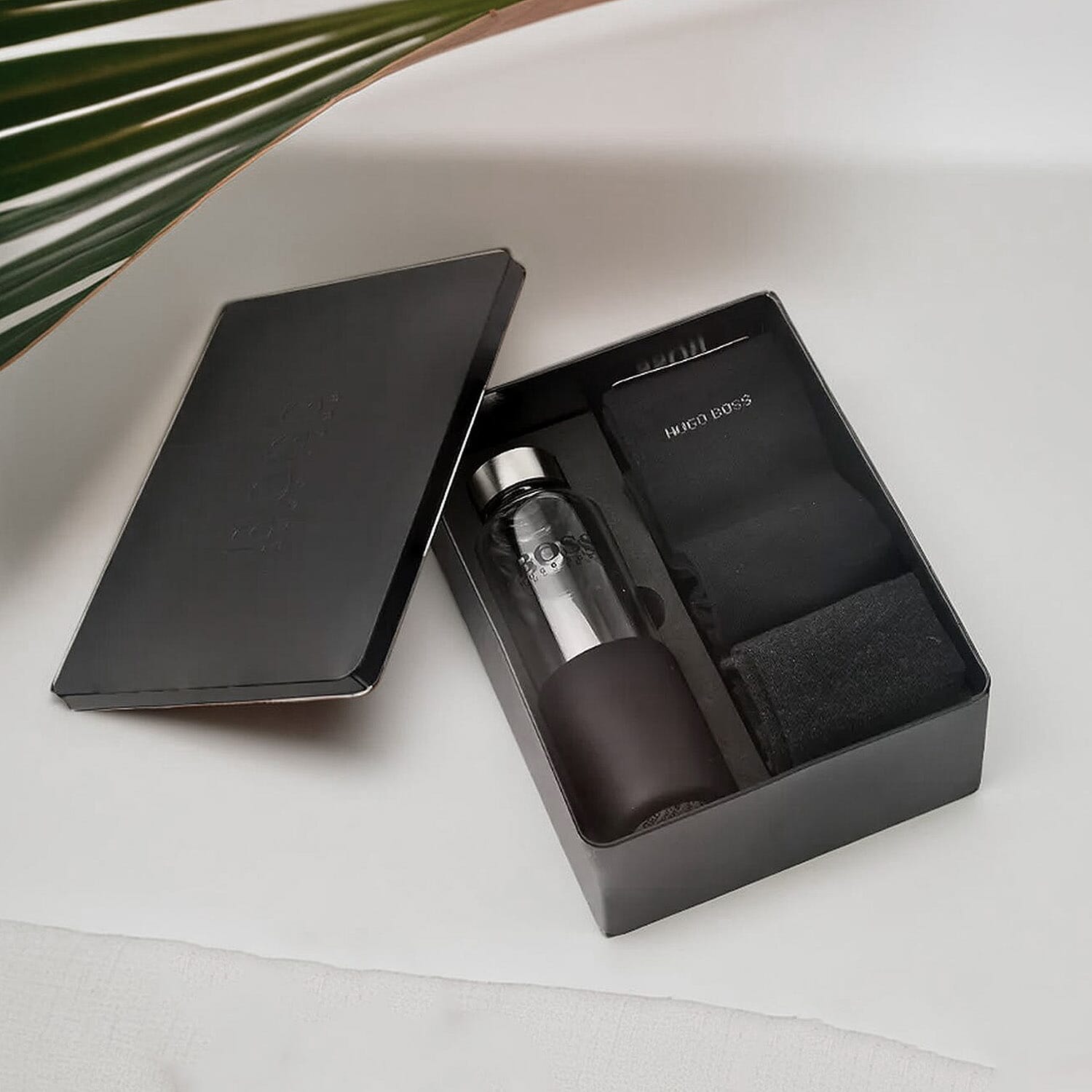 ONE TIME CLOSEOUT  - Premium Hugo Boss Crew Socks- Gift Set includes a Glass Bottle and 2 Pairs of high-quality Designer Socks
