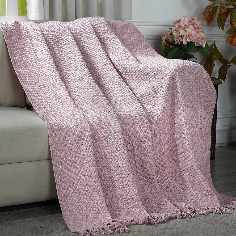 Hush Haven 100% Cotton Waffle Throw Blanket with Fringes (180x130 cm) - Pink