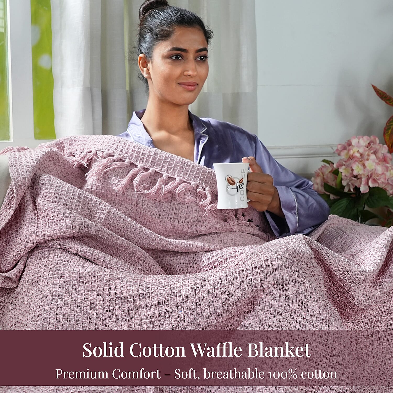 Hush Haven 100% Cotton Waffle Throw Blanket with Fringes (180x130 cm) - Pink