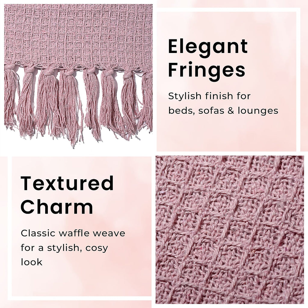 Hush Haven 100% Cotton Waffle Throw Blanket with Fringes (180x130 cm) - Pink