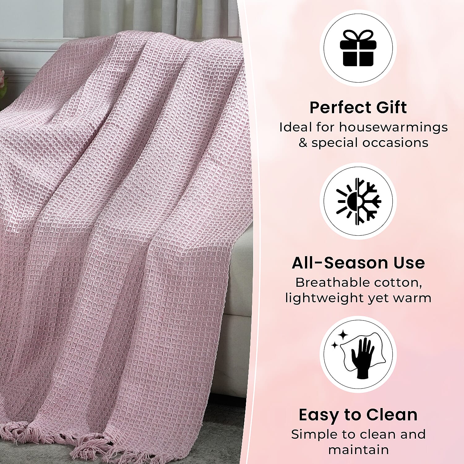 Hush Haven 100% Cotton Waffle Throw Blanket with Fringes (180x130 cm) - Pink