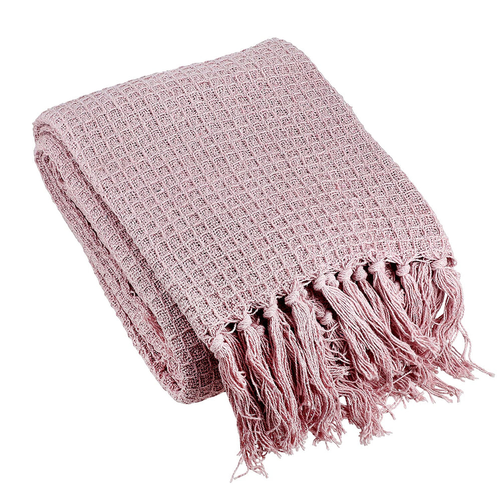 Hush Haven 100% Cotton Waffle Throw Blanket with Fringes (180x130 cm) - Pink