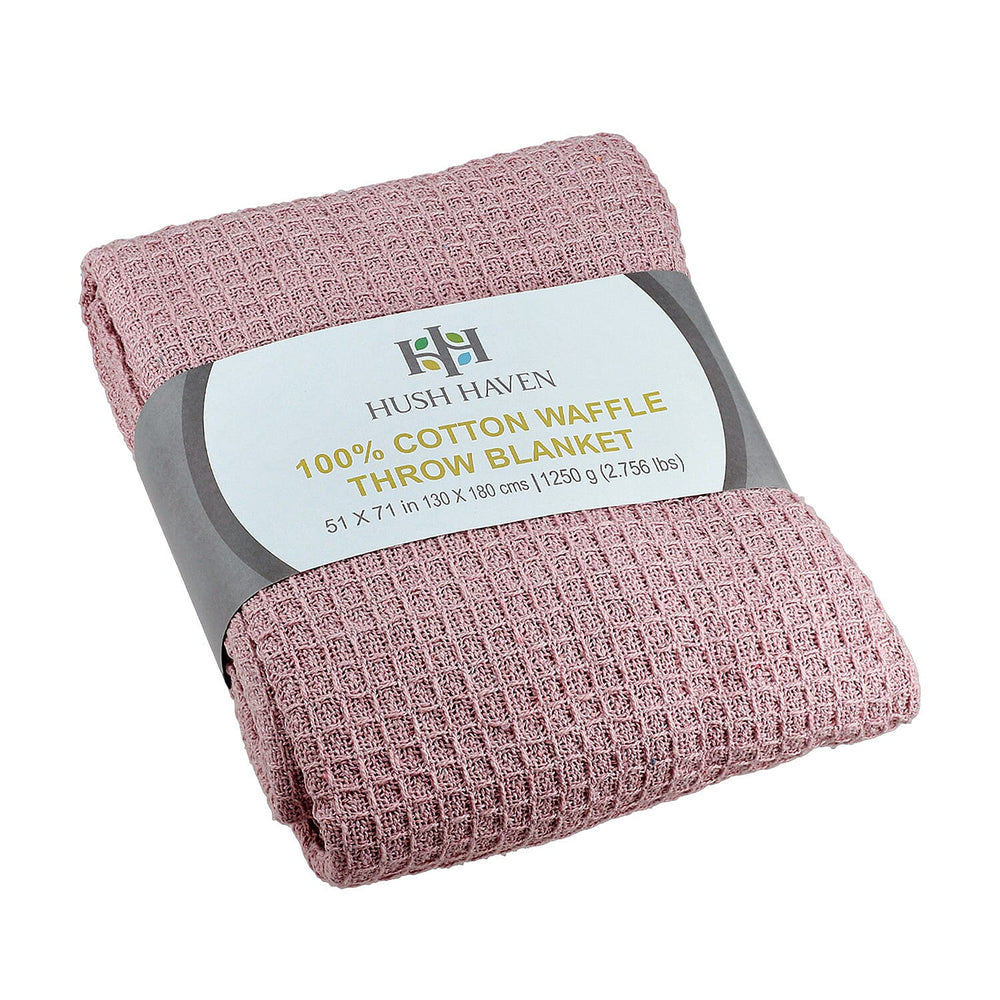 Hush Haven 100% Cotton Waffle Throw Blanket with Fringes (180x130 cm) - Pink