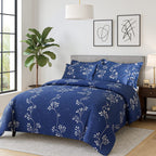 Hush Haven 6 Piece Digital Floral Print Duvet Cover Set - Inc. 1 Duvet Cover, 1 Fitted Sheet with 2 Housewife - 2 Oxford Pillowcases (Double) - Blue