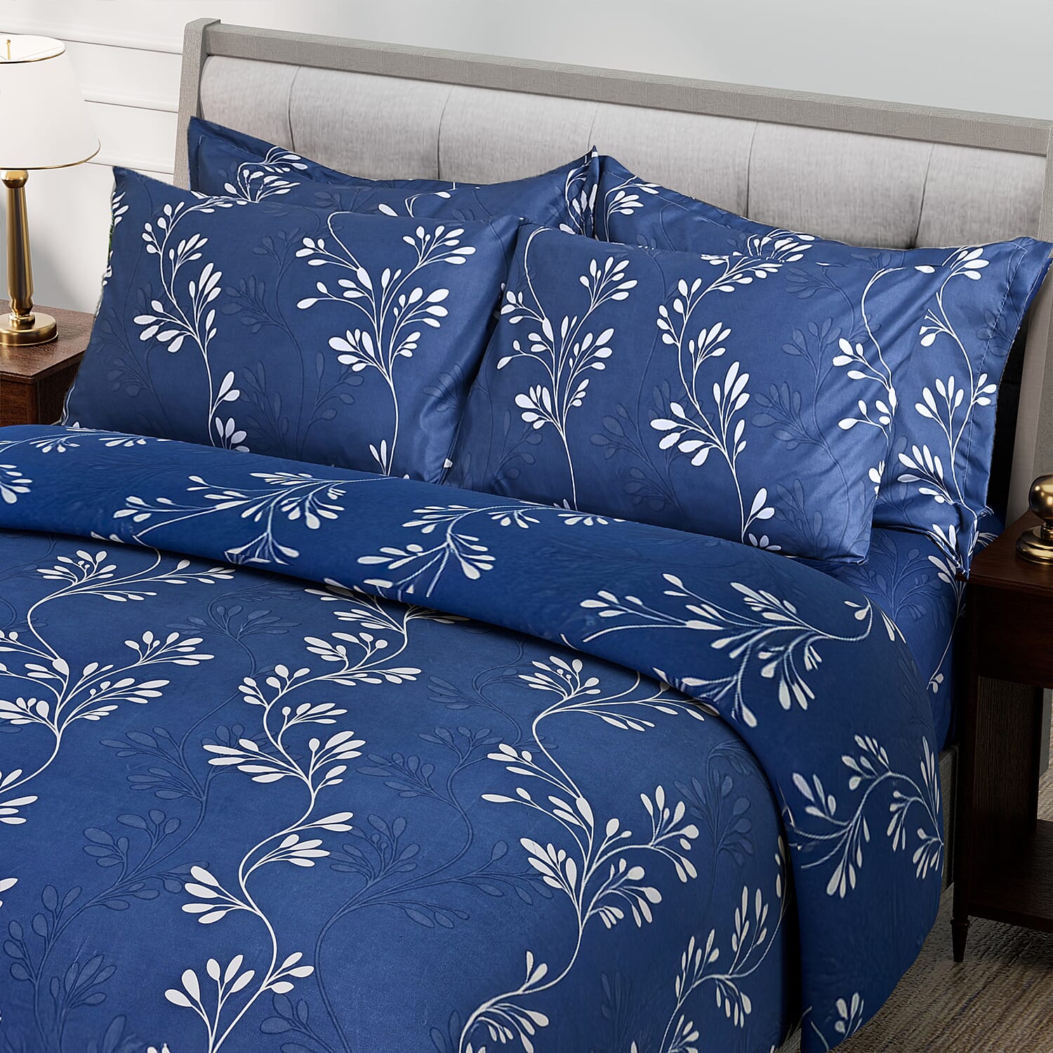 Hush Haven 6 Piece Digital Floral Print Duvet Cover Set - Inc. 1 Duvet Cover, 1 Fitted Sheet with 2 Housewife - 2 Oxford Pillowcases (Double) - Blue