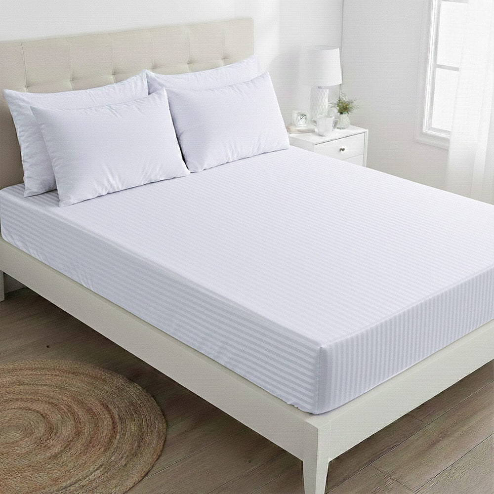 THE OPULENT LUXURY - Hush Haven 6-Piece Summer Striped Comforter Set - inc Comforter, Fitted Sheet, 2xHousewife - 2xOxford Pillowcase (200 x 200cm) - White