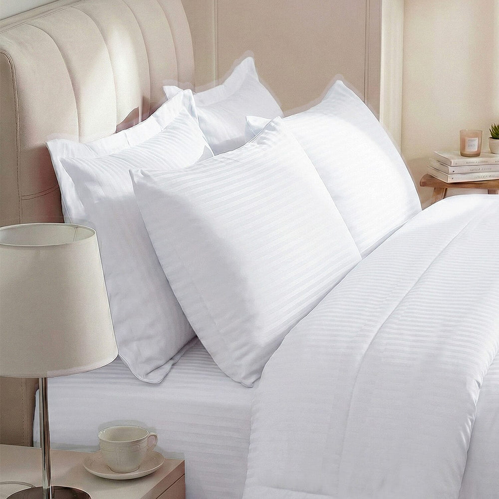 THE OPULENT LUXURY -- Hush Haven 6-Piece Summer Striped Comforter Set - inc Comforter, Fitted Sheet, 2xHousewife - 2xOxford Pillowcase (King, 225 x 220cm) - White