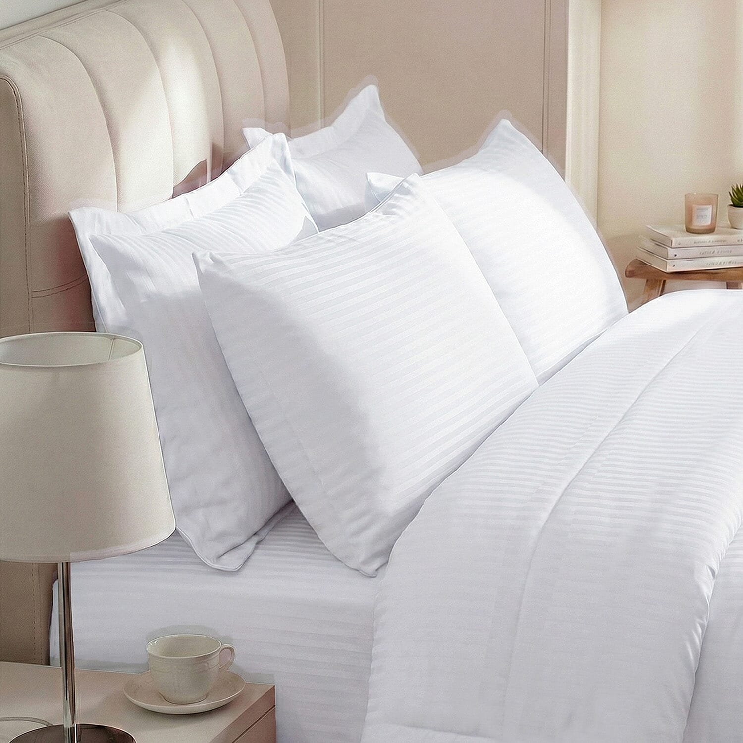 THE OPULENT LUXURY -- Hush Haven 6-Piece Summer Striped Comforter Set - inc Comforter, Fitted Sheet, 2xHousewife - 2xOxford Pillowcase (King, 225 x 220cm) - White