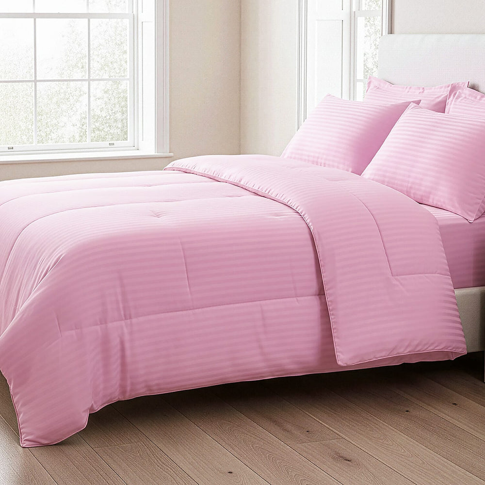 THE OPULENT LUXURY -- Hush Haven 6-Piece Summer Striped Comforter Set - inc Comforter, Fitted Sheet, 2xHousewife - 2xOxford Pillowcase (200 x 200cm) - Pink