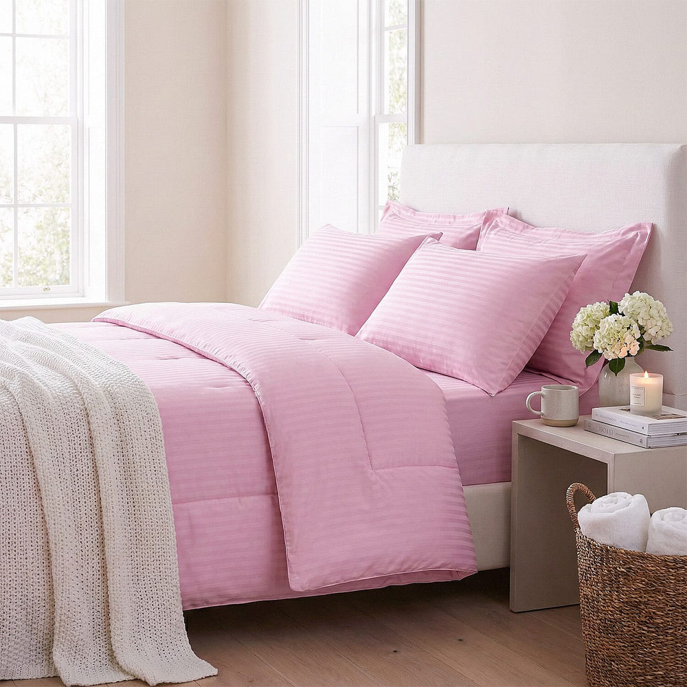THE OPULENT LUXURY -- Hush Haven 6-Piece Summer Striped Comforter Set - inc Comforter, Fitted Sheet, 2xHousewife - 2xOxford Pillowcase (200 x 200cm) - Pink