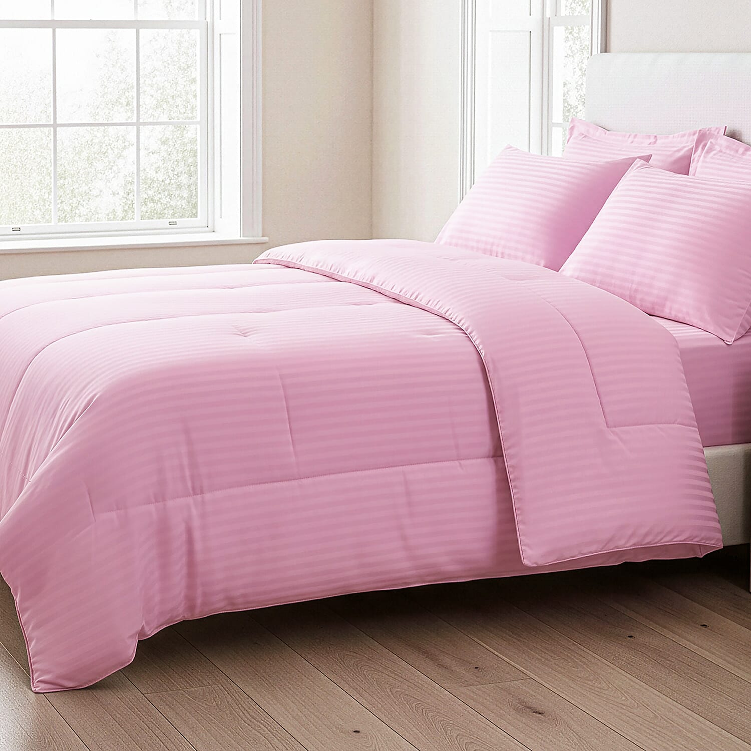 THE OPULENT LUXURY -Hush Haven 6-Piece Summer Striped Comforter Set - inc Comforter, Fitted Sheet, 2xHousewife - 2xOxford Pillowcase (King, 225 x 220cm) - Pink