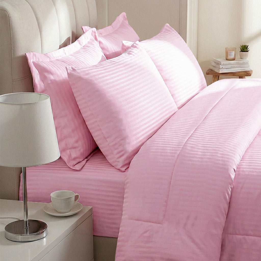 THE OPULENT LUXURY -Hush Haven 6-Piece Summer Striped Comforter Set - inc Comforter, Fitted Sheet, 2xHousewife - 2xOxford Pillowcase (King, 225 x 220cm) - Pink