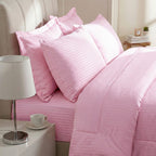 THE OPULENT LUXURY -Hush Haven 6-Piece Summer Striped Comforter Set - inc Comforter, Fitted Sheet, 2xHousewife - 2xOxford Pillowcase (King, 225 x 220cm) - Pink