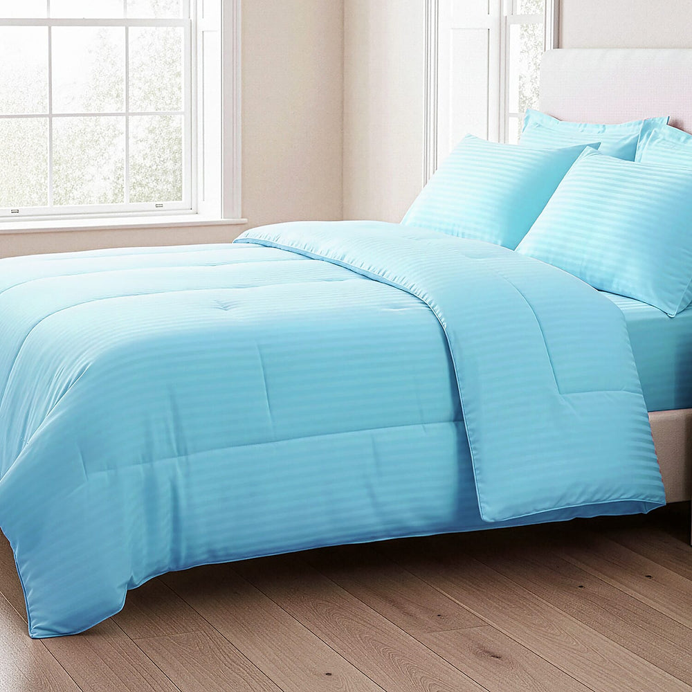 Hush Haven 6-Piece Summer Striped Comforter Set - inc Comforter, Fitted Sheet, 2xHousewife - 2xOxford Pillowcase (200 x 200cm) - Teal