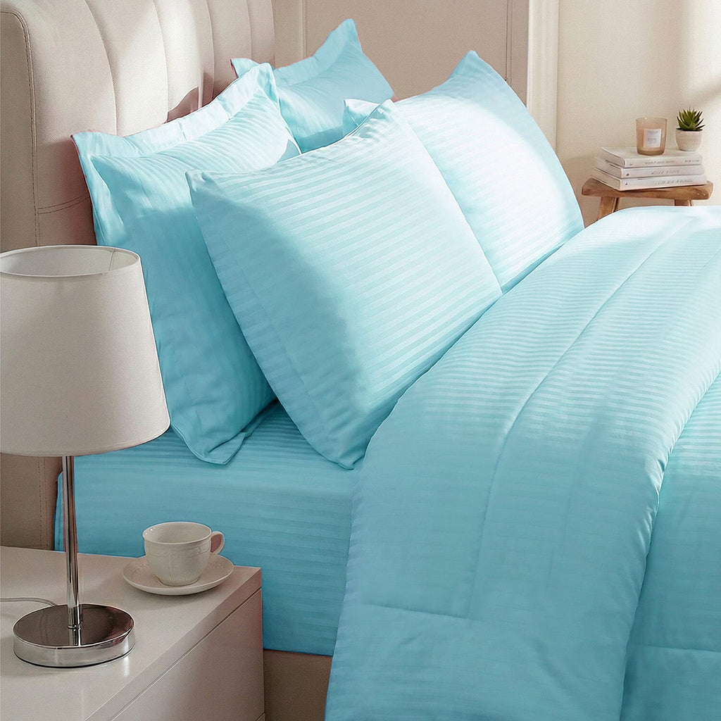 Hush Haven 6-Piece Summer Striped Comforter Set - inc Comforter, Fitted Sheet, 2xHousewife - 2xOxford Pillowcase (200 x 200cm) - Teal
