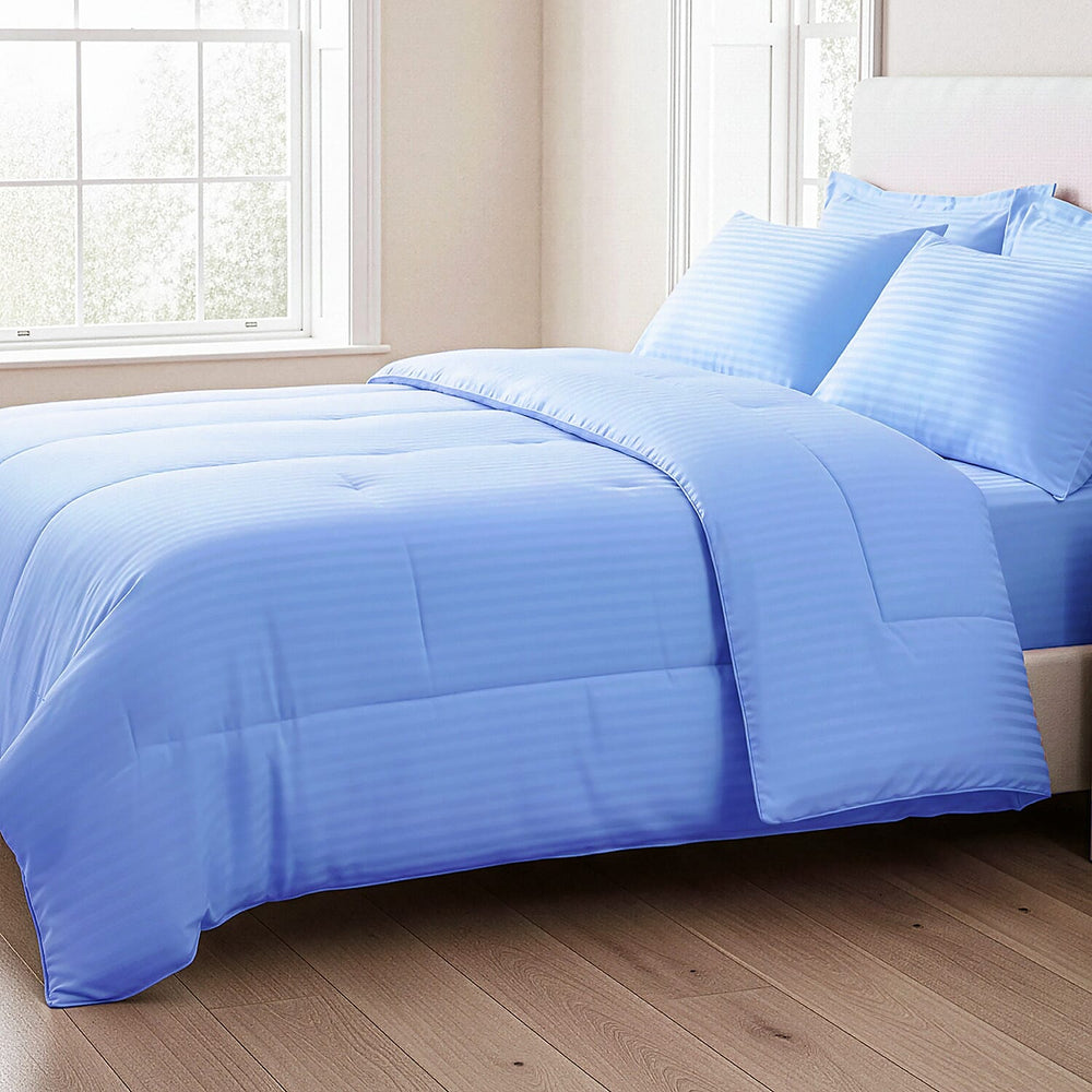 THE OPULENT LUXURY -- Hush Haven 6-Piece Summer Striped Comforter Set - inc Comforter, Fitted Sheet, 2xHousewife - 2xOxford Pillowcase (King, 225 x 220cm) - Blue