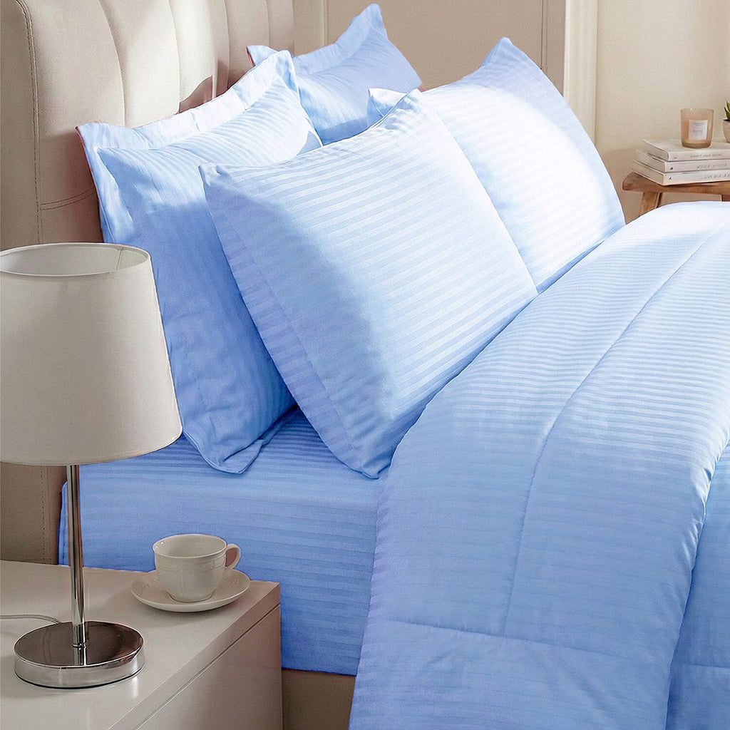 THE OPULENT LUXURY -- Hush Haven 6-Piece Summer Striped Comforter Set - inc Comforter, Fitted Sheet, 2xHousewife - 2xOxford Pillowcase (King, 225 x 220cm) - Blue