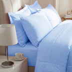 THE OPULENT LUXURY -- Hush Haven 6-Piece Summer Striped Comforter Set - inc Comforter, Fitted Sheet, 2xHousewife - 2xOxford Pillowcase (King, 225 x 220cm) - Blue