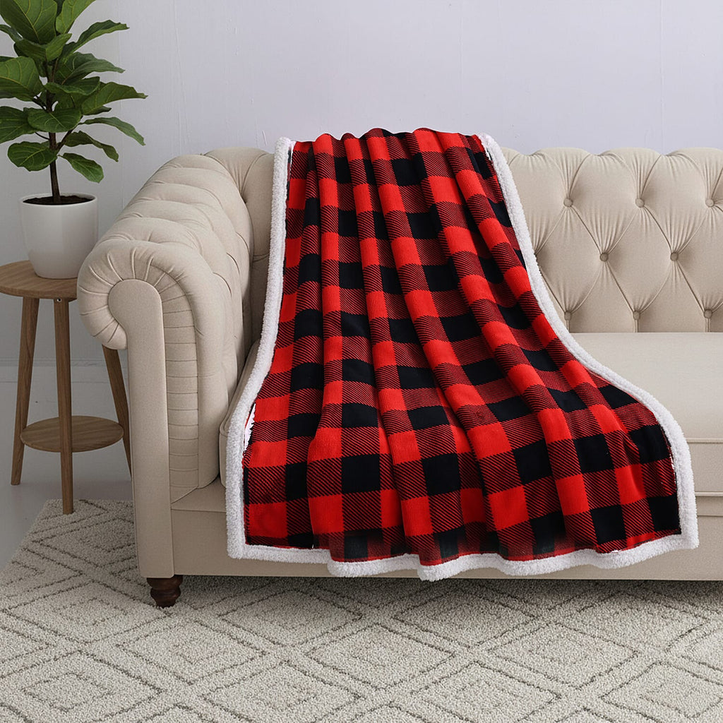 Hush Haven Ultra Soft Designer Inpired  Double Layer SHERPA Blanket (150 x 200 cm) - Black - Red