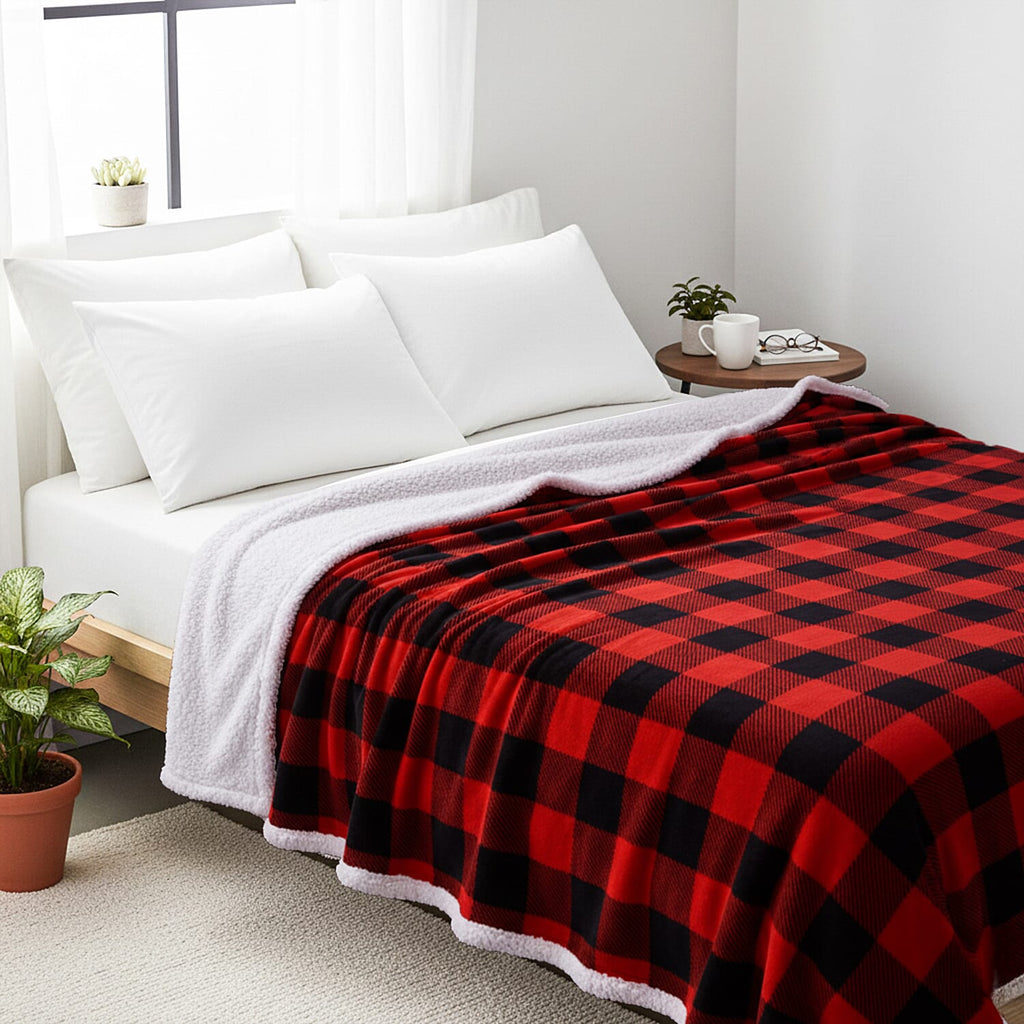 Hush Haven Ultra Soft Designer Inpired  Double Layer SHERPA Blanket (150 x 200 cm) - Black - Red