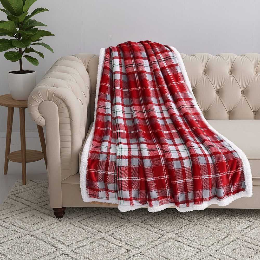 EPITOME OF WARMTH AND LUXURY -  Hush Haven Ultra Soft Designer Inspired Double Layer SHERPA Blanket (150 x 200 cm) - Red White