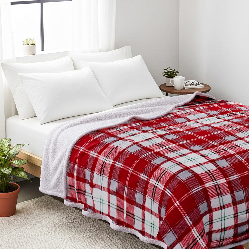 EPITOME OF WARMTH AND LUXURY -  Hush Haven Ultra Soft Designer Inspired Double Layer SHERPA Blanket (150 x 200 cm) - Red White