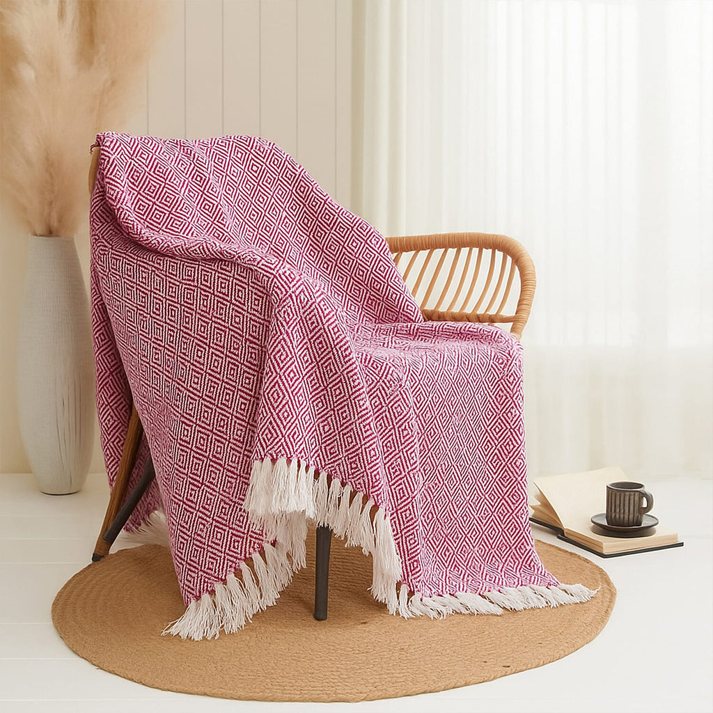 Hush Heaven 100% Soft Cotton Diamond Weaved Throw Blanket (200x150cm) - Dark Pink