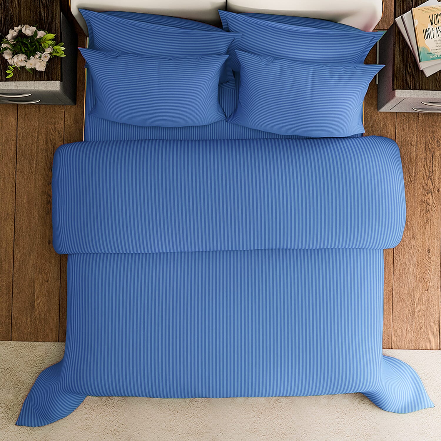 Hush Haven 6 Piece Striped Cotton Duvet Cover Set - Includes 4 Pillowcases, 1 Fitted Sheet - 1 Duet Cover - Deep Blue