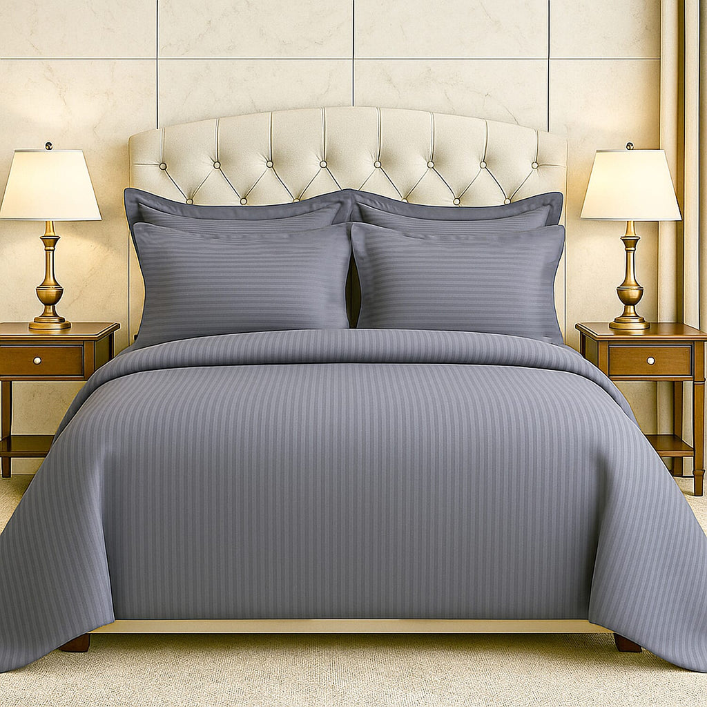 6 Piece Striped Cotton Duvet Cover Set - Includes 4 Pillowcases, 1 Fitted Sheet - 1 Duet Cover (King) - Silver - White