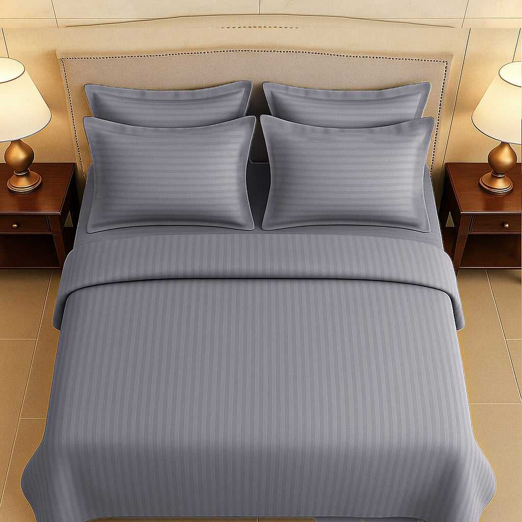 6 Piece Striped Cotton Duvet Cover Set - Includes 4 Pillowcases, 1 Fitted Sheet - 1 Duet Cover (King) - Silver - White