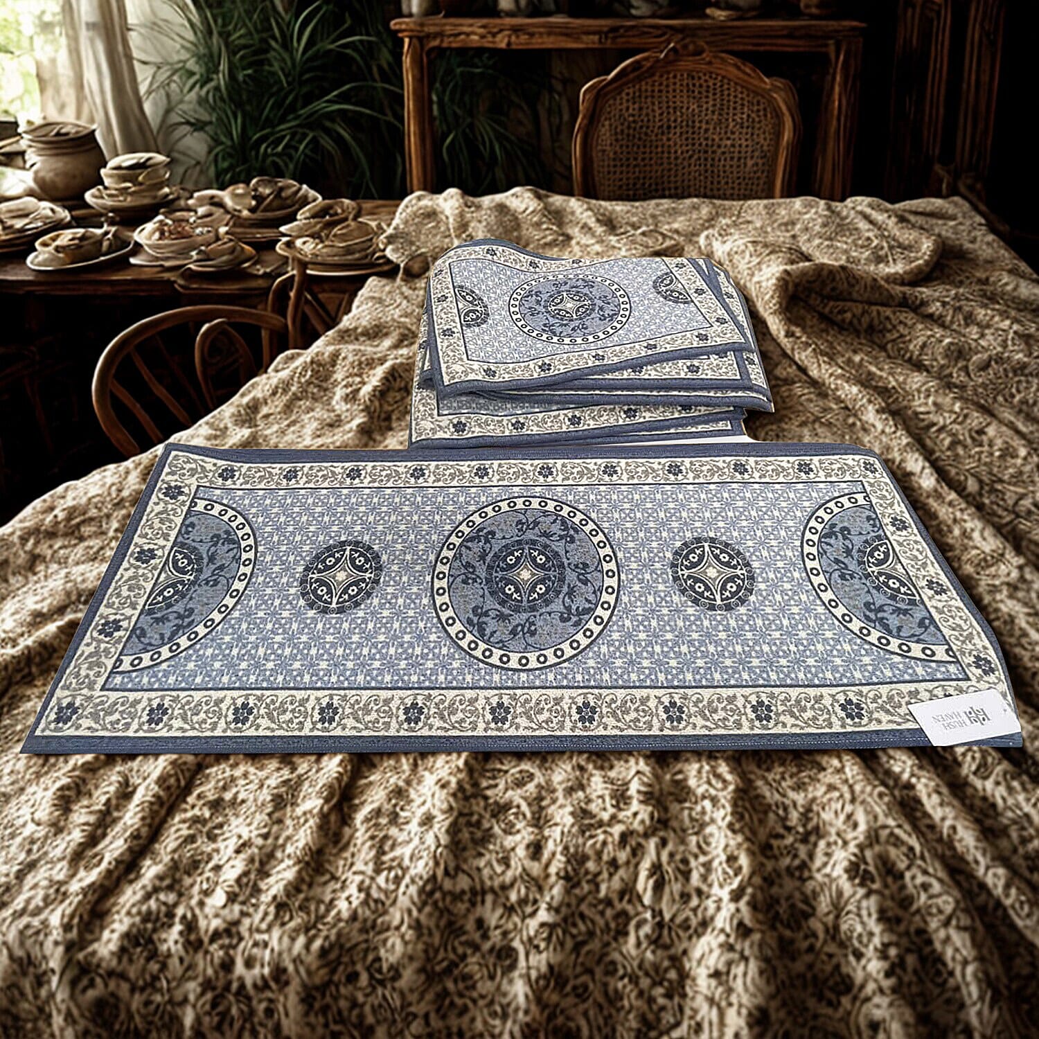 Hush Haven - Set of 2- Cotton Traditional Medallion Printed Floor Mat - Blue