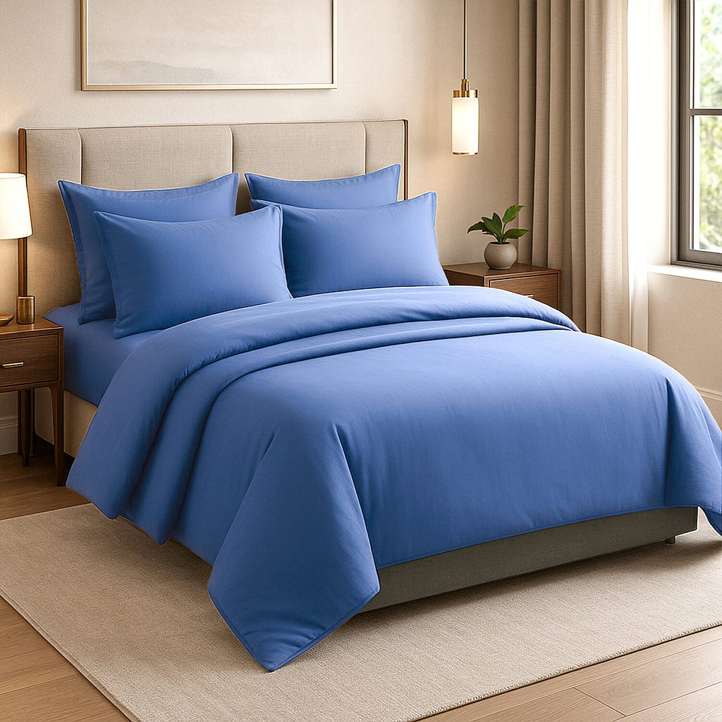 Hush Haven Set of 6 Cotton Solid Colour Duvet Cover Set- 4 Pillowcases, 1 Duvet Cover - 1 Fitted Sheet (Size 200x200cm) Double - Blue