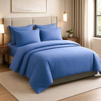 Hush Haven Set of 6 Cotton Solid Colour Duvet Cover Set- 4 Pillowcases, 1 Duvet Cover - 1 Fitted Sheet (Size 200x200cm) Double - Blue