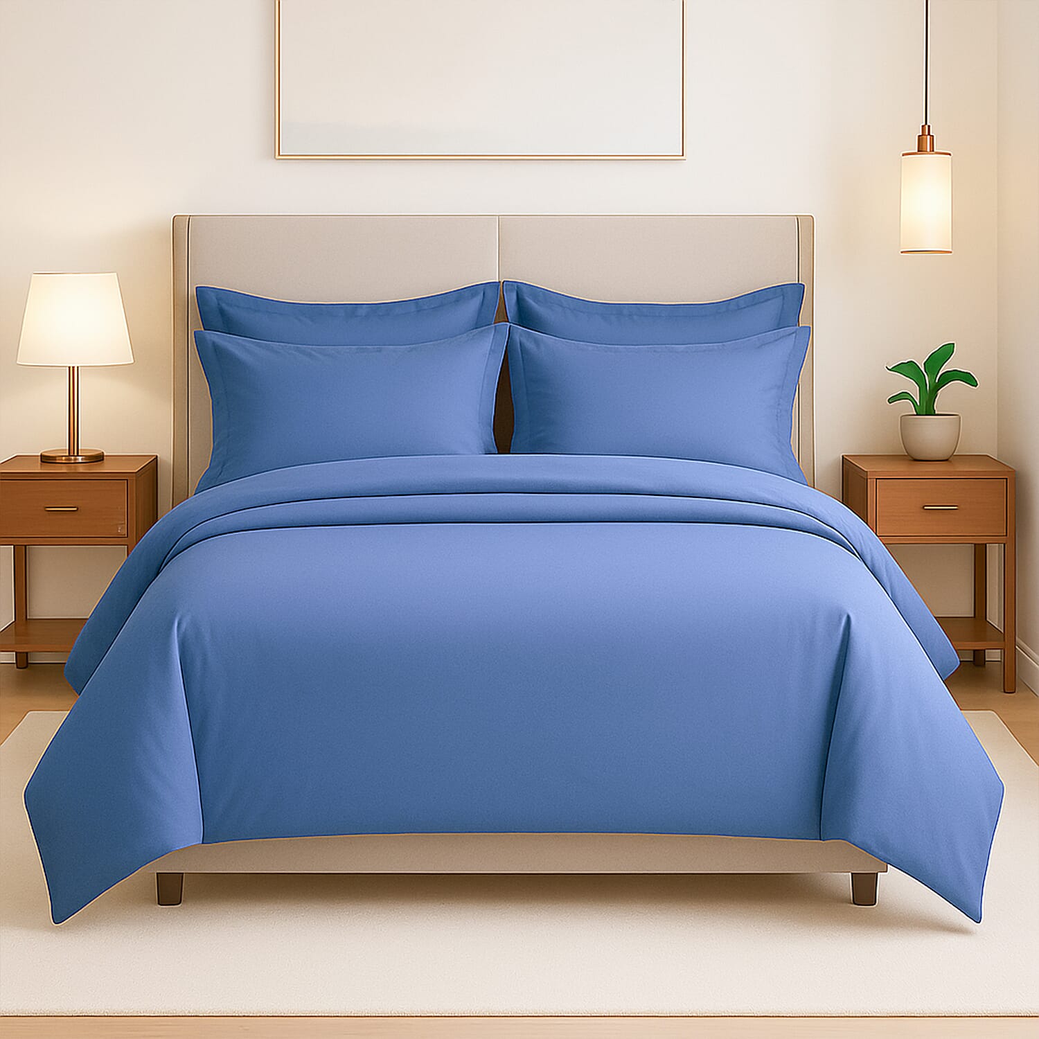 Hush Haven Set of 6 Cotton Solid Colour Duvet Cover Set- 4 Pillowcases, 1 Duvet Cover - 1 Fitted Sheet (Size 200x200cm) Double - Blue