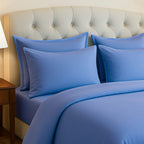 Hush Haven Set of 6 Cotton Solid Colour Duvet Cover Set- 4 Pillowcases, 1 Duvet Cover - 1 Fitted Sheet (Size 200x200cm) Double - Blue