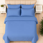 Hush Haven Set of 6 Cotton Solid Colour Duvet Cover Set- 4 Pillowcases, 1 Duvet Cover - 1 Fitted Sheet (Size 200x200cm) Double - Blue