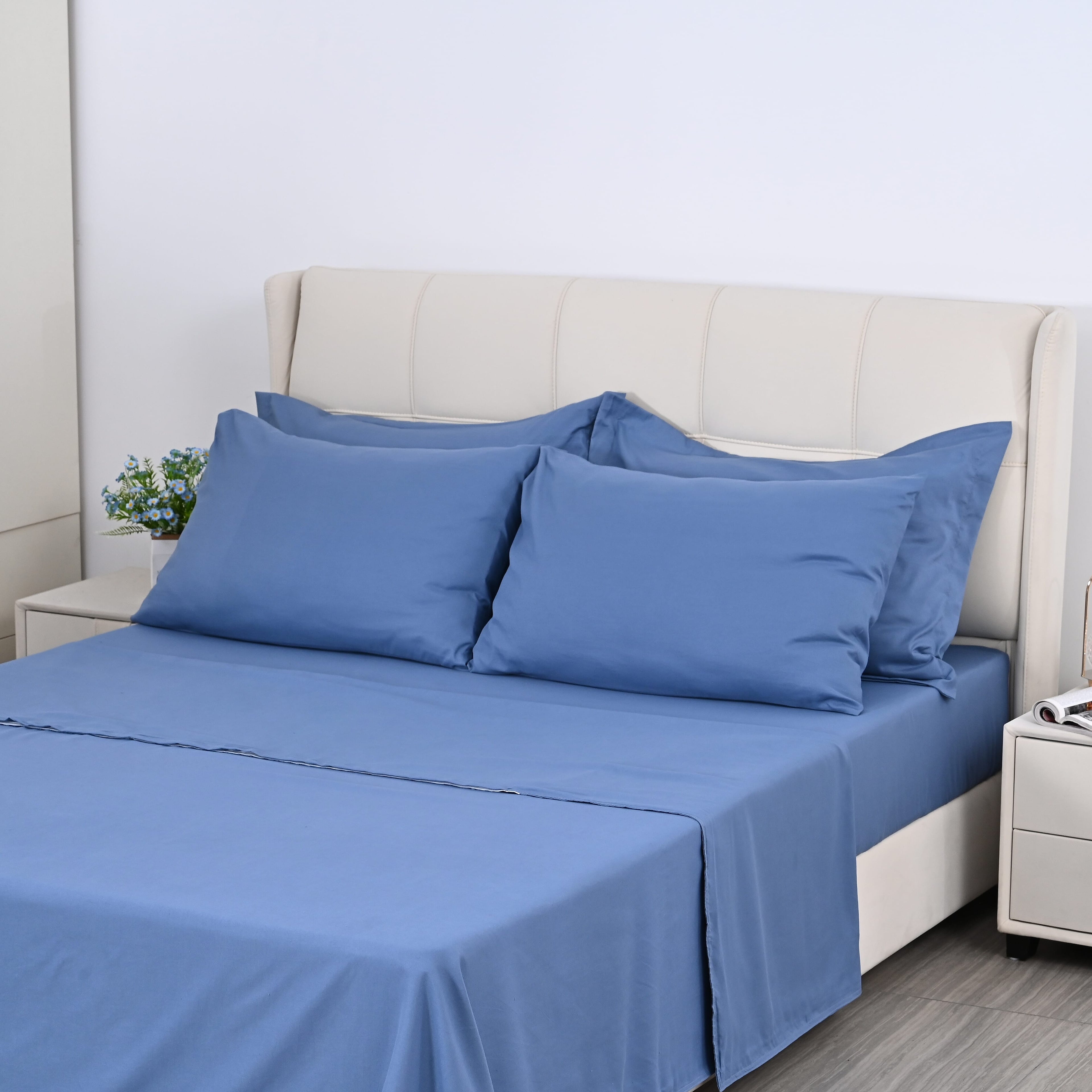 Hush Haven Set of 6 Cotton Solid Colour Duvet Cover Set- 4 Pillowcases, 1 Duvet Cover - 1 Fitted Sheet (Size 200x200cm) Double - Blue