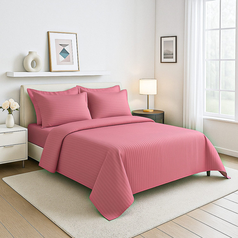 6 Piece Striped Cotton Duvet Cover Set - Includes 4 Pillowcases, 1 Fitted Sheet - 1 Duet Cover - Pink Double