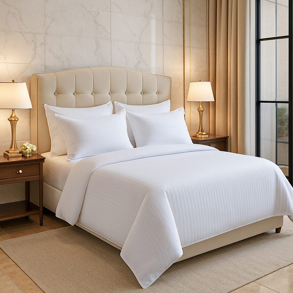 6 Piece Striped Cotton Duvet Cover Set - Includes 4 Pillowcases, 1 Fitted Sheet - 1 Duvet Cover (Double) - Cream