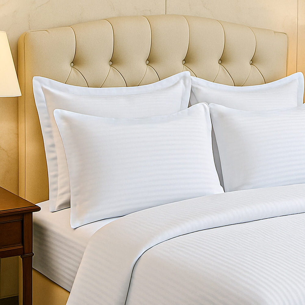 6 Piece Striped Cotton Duvet Cover Set - Includes 4 Pillowcases, 1 Fitted Sheet - 1 Duvet Cover (Double) - Cream
