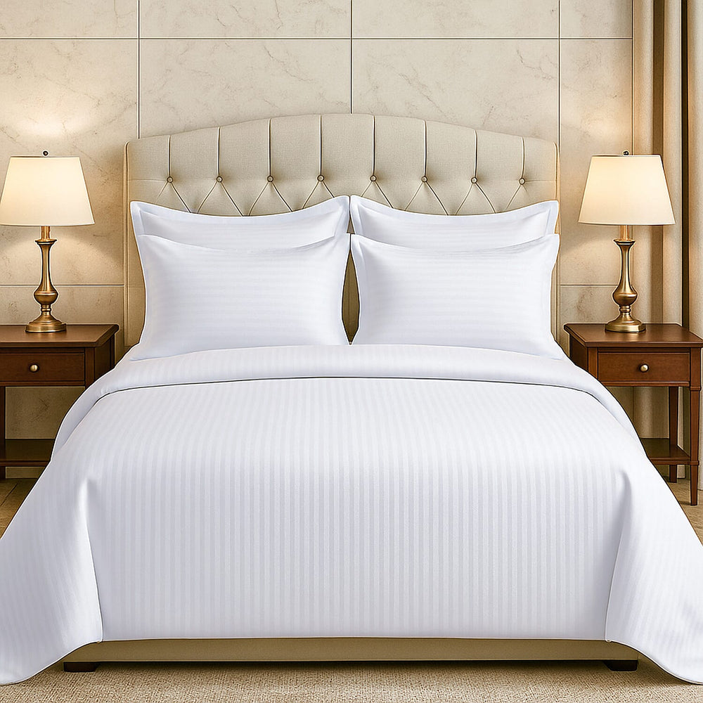6 Piece Striped Cotton Duvet Cover Set - Includes 4 Pillowcases, 1 Fitted Sheet - 1 Duvet Cover (Double) - Cream