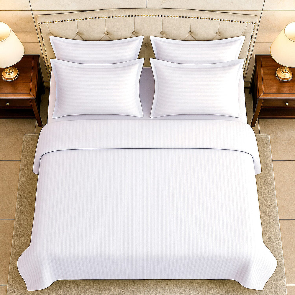 6 Piece Striped Cotton Duvet Cover Set - Includes 4 Pillowcases, 1 Fitted Sheet - 1 Duvet Cover (Double) - Cream