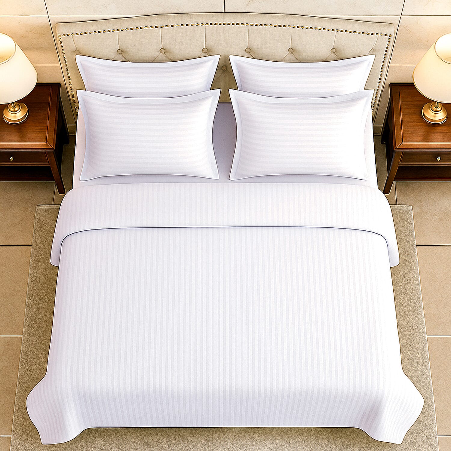6 Piece Striped Cotton Duvet Cover Set - Includes 4 Pillowcases, 1 Fitted Sheet - 1 Duvet Cover (Double) - Cream